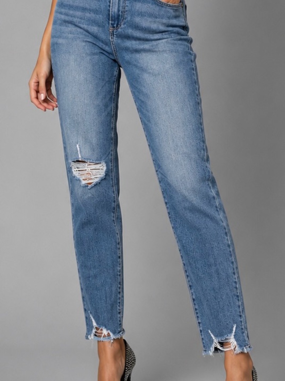 PAIGE Medium Blue Skinny Jeans with Distressed Knee and Frayed Hem